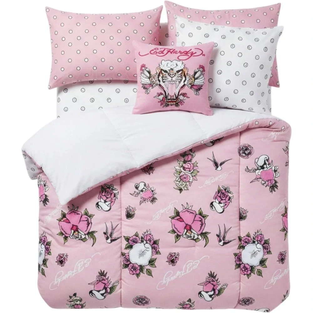 Sold Hardy Pink Tattoo Skull Heart 8 Piece Reversible Queen Bedding Comforter